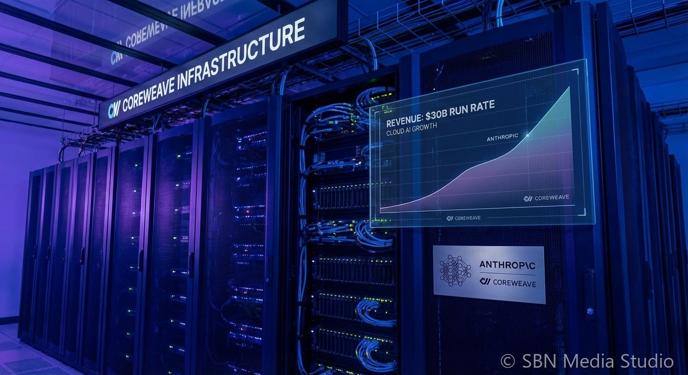 Anthropic Claude logo with CoreWeave data center infrastructure and revenue growth chart representing the 30 billion dollar annual run rate milestone
