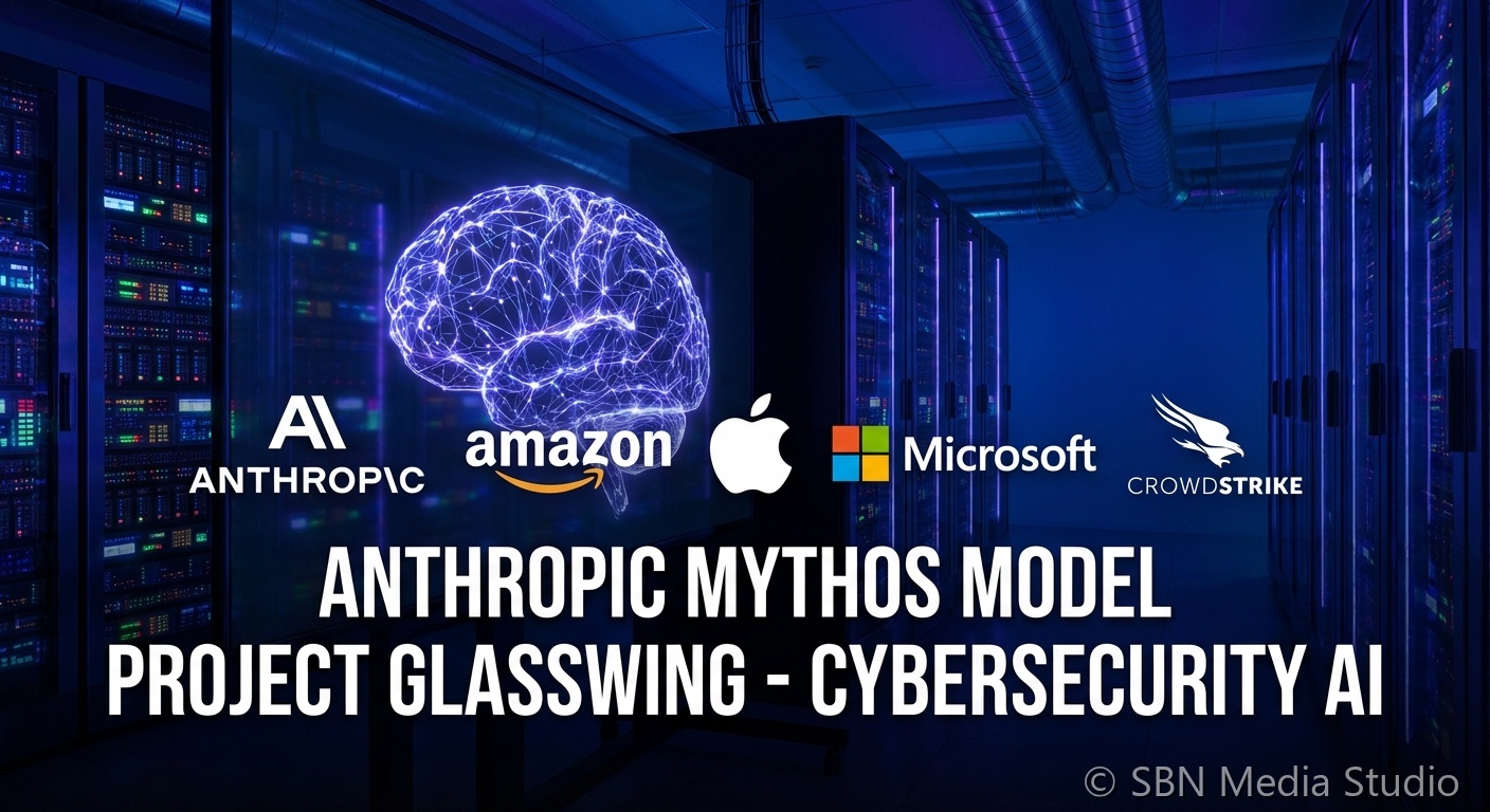 Anthropic Mythos AI model abstract visualization with cybersecurity shield and code representing restricted Project Glasswing launch
