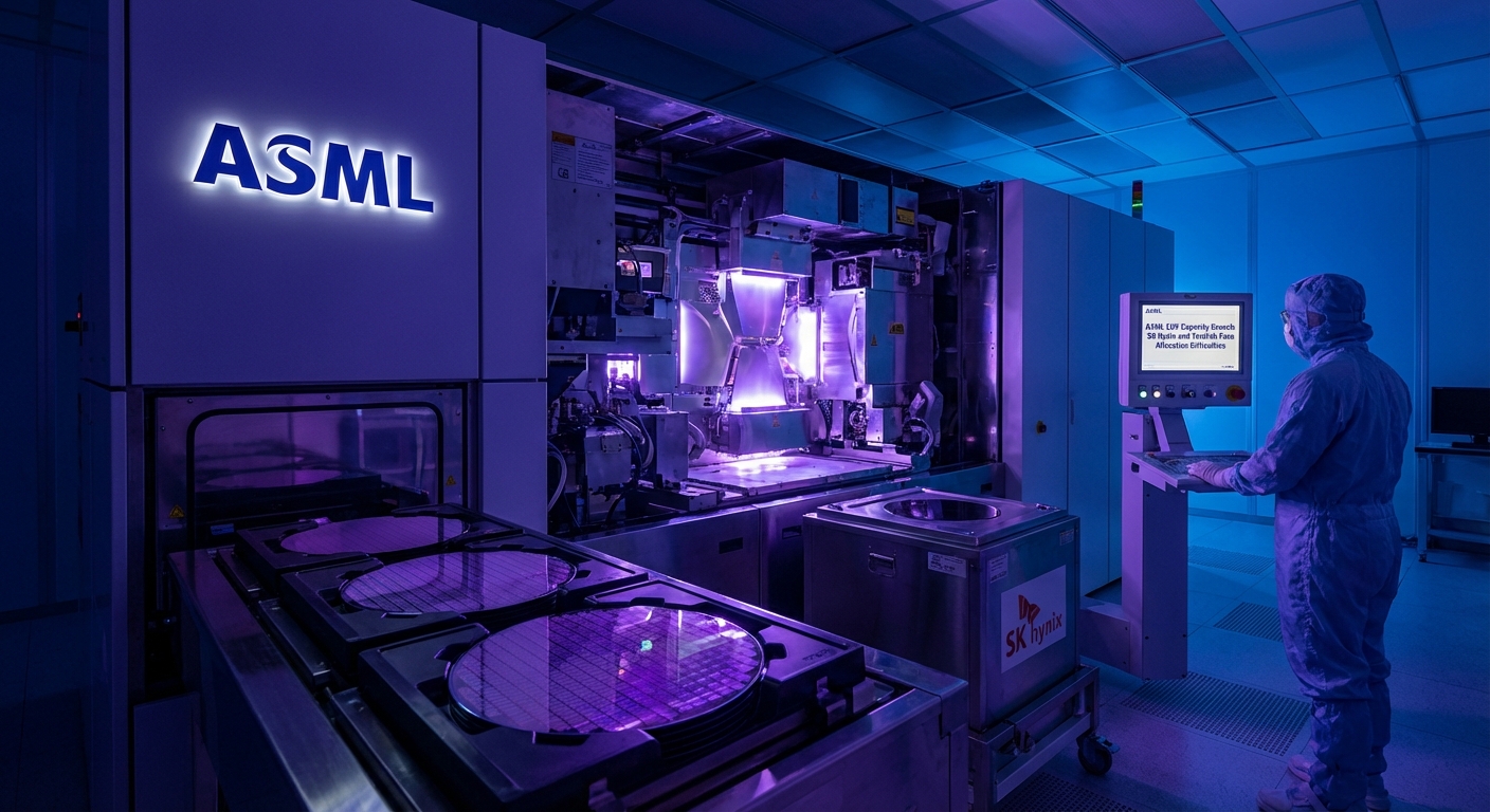 ASML EUV lithography machine in cleanroom with allocation shortage graphic showing SK Hynix and TeraFab competing for scarce High-NA EUV tools
