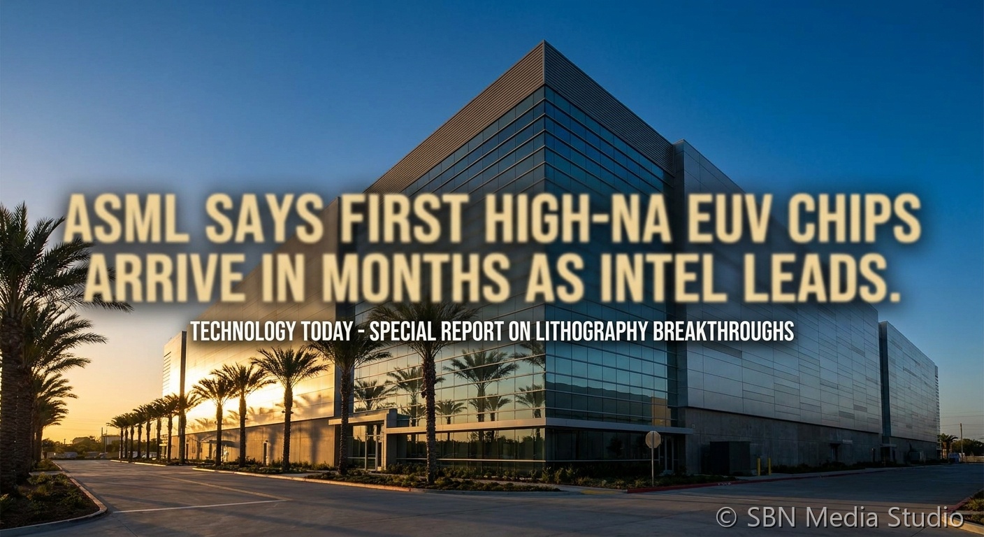 ASML High-NA EUV lithography tool with a 0.55 NA optical column, an etched 8nm-pitch test wafer and Intel and SK Hynix fab silhouettes marking the May 19 2026 commercial-readiness milestone