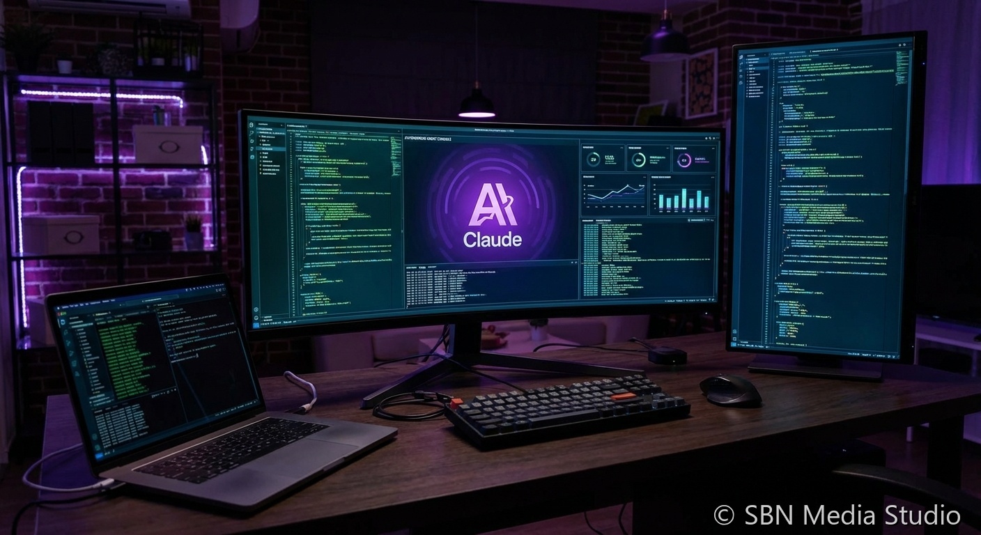 Photorealistic dark workspace with multiple monitors displaying code and AI agent interfaces, representing Claude Code Auto Mode