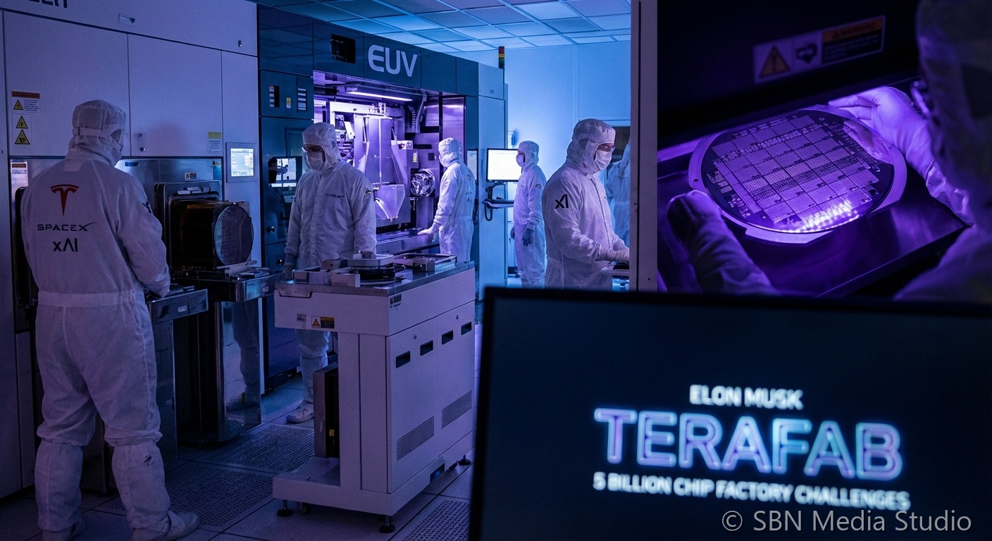 Massive semiconductor fabrication facility concept with EUV lithography equipment and cleanroom environment representing Elon Musk Terafab project
