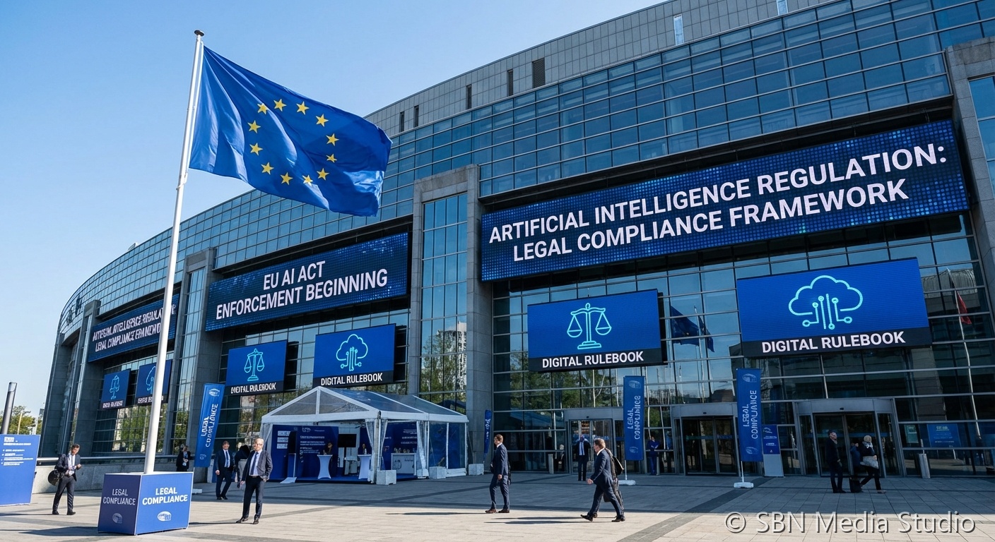 European Union flags and legal documents representing EU AI Act enforcement