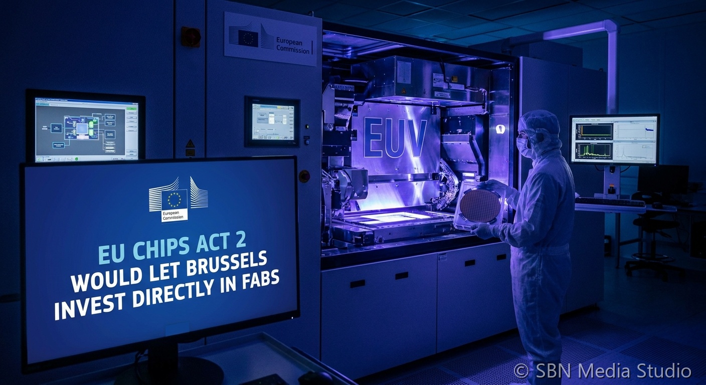European Union flag with semiconductor wafer and fabrication plant skyline illustrating the proposed Chips Act II direct EU Commission investment in fabs