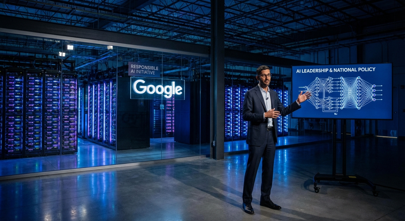 Google CEO Sundar Pichai speaking at a podium with AI circuit board graphics and the US Capitol representing the national AI leadership interview on 60 Minutes