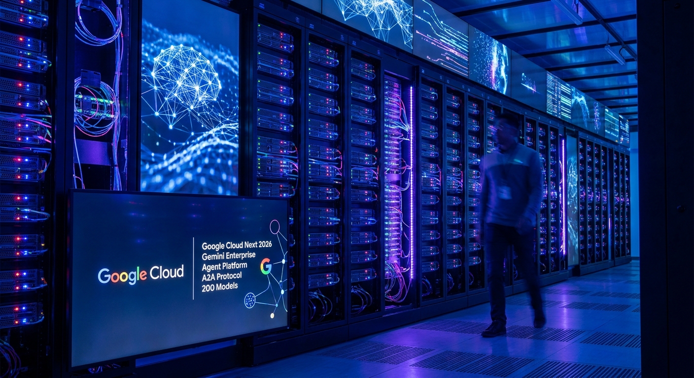 Google Cloud Next 2026 conference stage with Gemini Enterprise Agent Platform logo and A2A protocol diagram