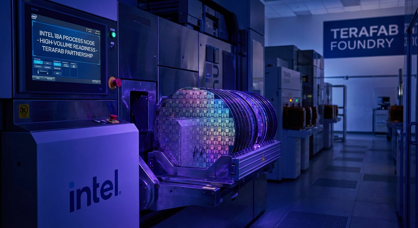 Intel 18A semiconductor wafer with RibbonFET transistor diagram and Terafab Austin Texas campus representing Intel foundry revival