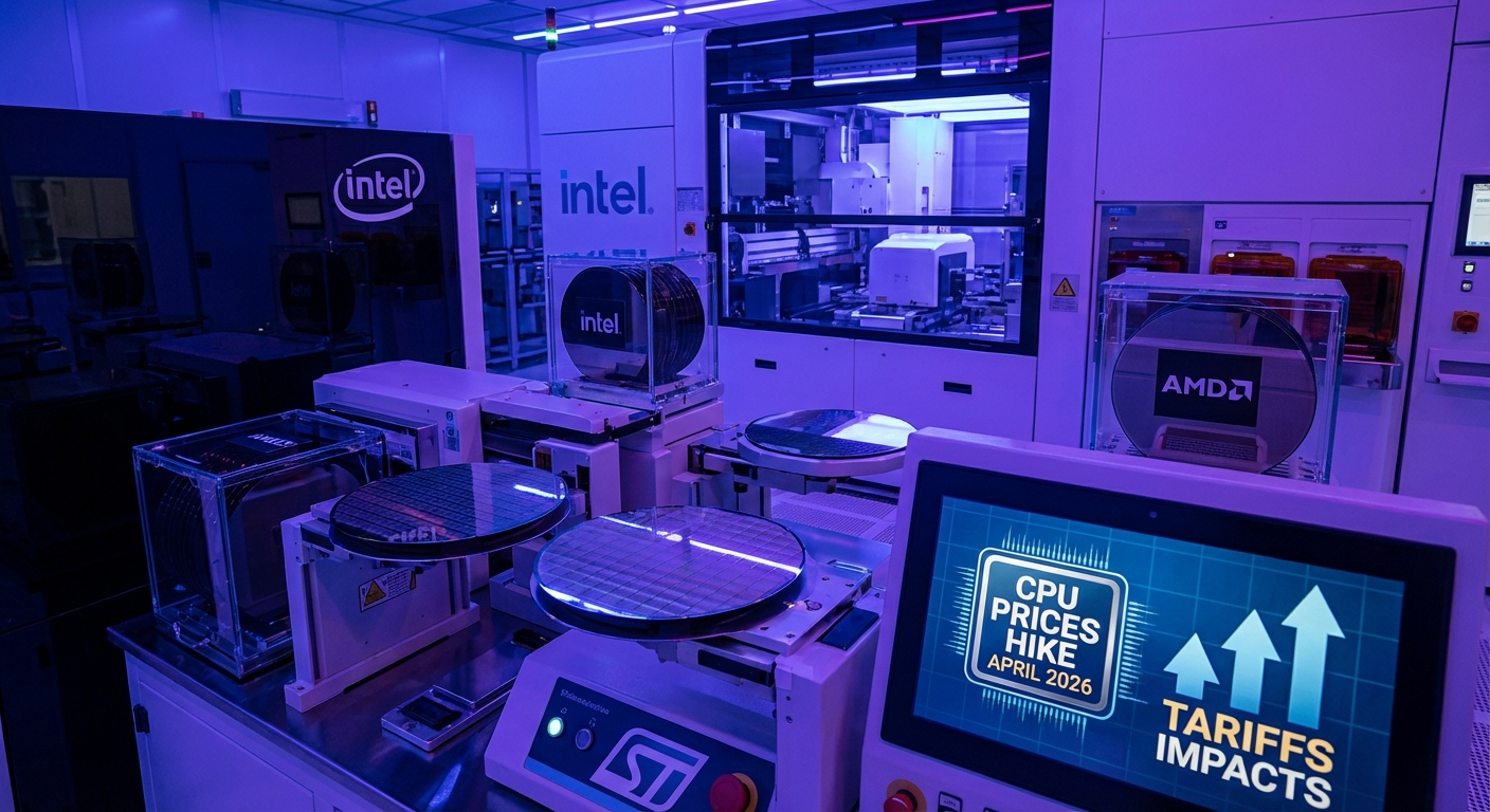 Intel and AMD CPU chips side by side with upward price arrow graphic symbolizing the planned 10-15 percent price increases in April 2026