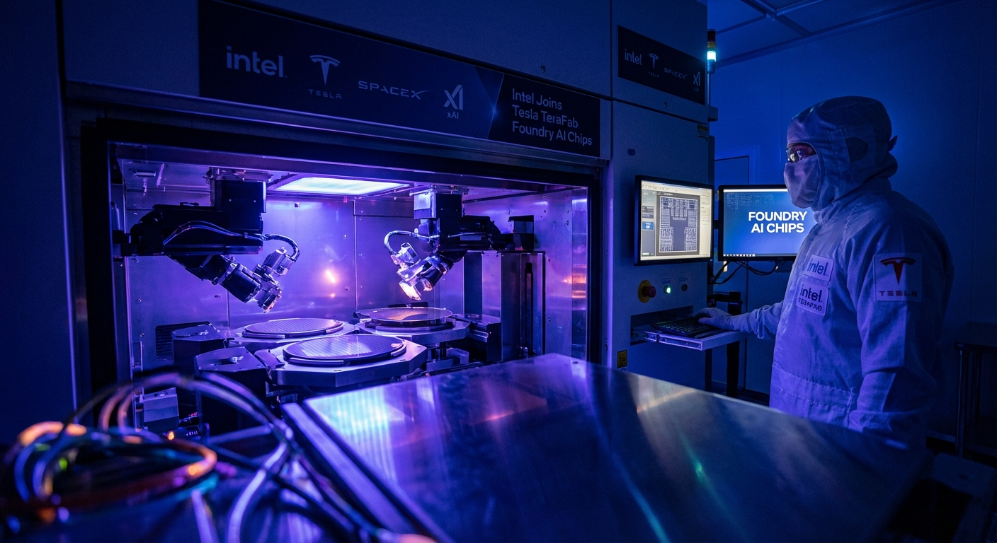 Intel semiconductor fabrication facility exterior alongside Tesla and SpaceX logos representing the TeraFab joint chip manufacturing project