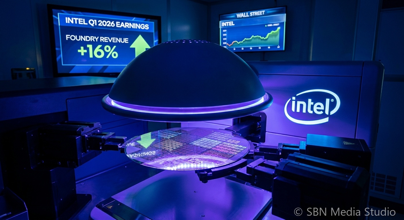 Intel logo with Q1 2026 earnings beat chart and 18A foundry wafer showing 24 percent stock surge and 16 percent foundry revenue growth
