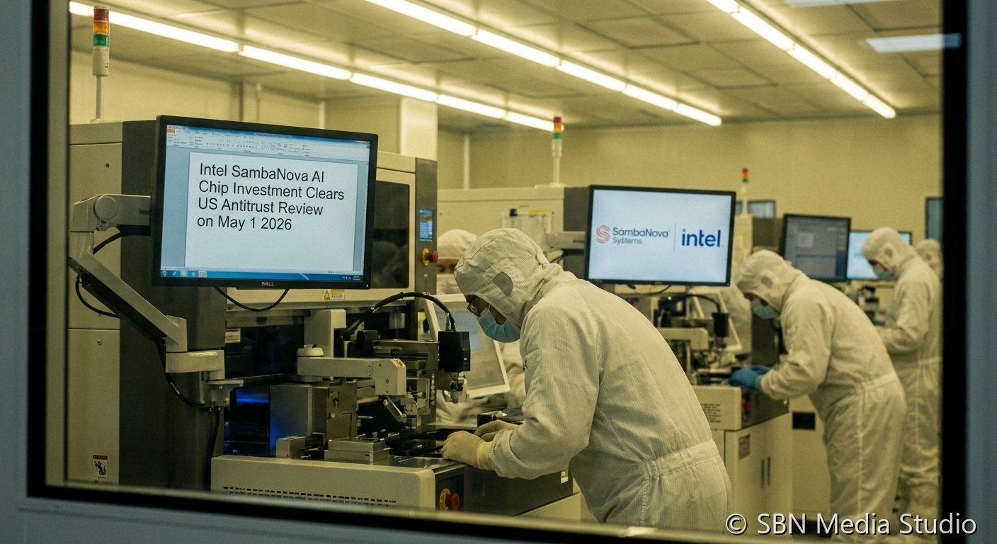 Intel and SambaNova logos with a Reconfigurable Dataflow Unit chip and an antitrust regulatory clearance stamp marking the May 1 2026 U.S. approval of Intel’s expanded stake in the AI chip startup