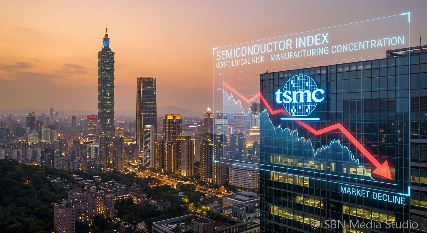 Taiwan city skyline representing geopolitical risk to TSMC chip manufacturing
