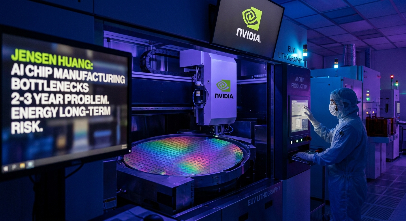 NVIDIA CEO Jensen Huang discussing AI chip manufacturing bottlenecks as a 2-3 year solvable problem with energy as the real long-term risk