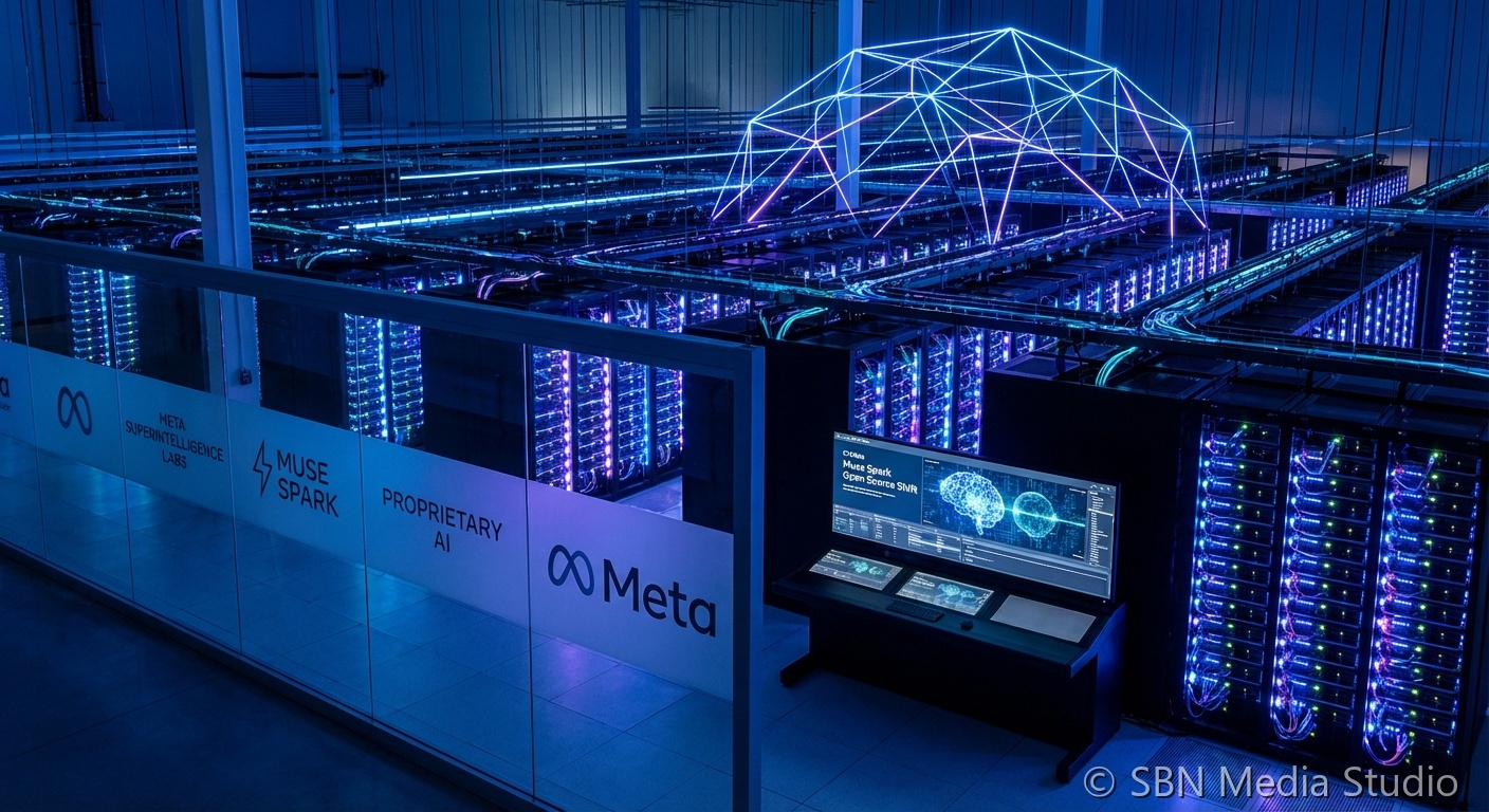 Meta Muse Spark AI model launch graphic with Meta Superintelligence Labs branding and Llama open-source logo crossed out representing the proprietary shift