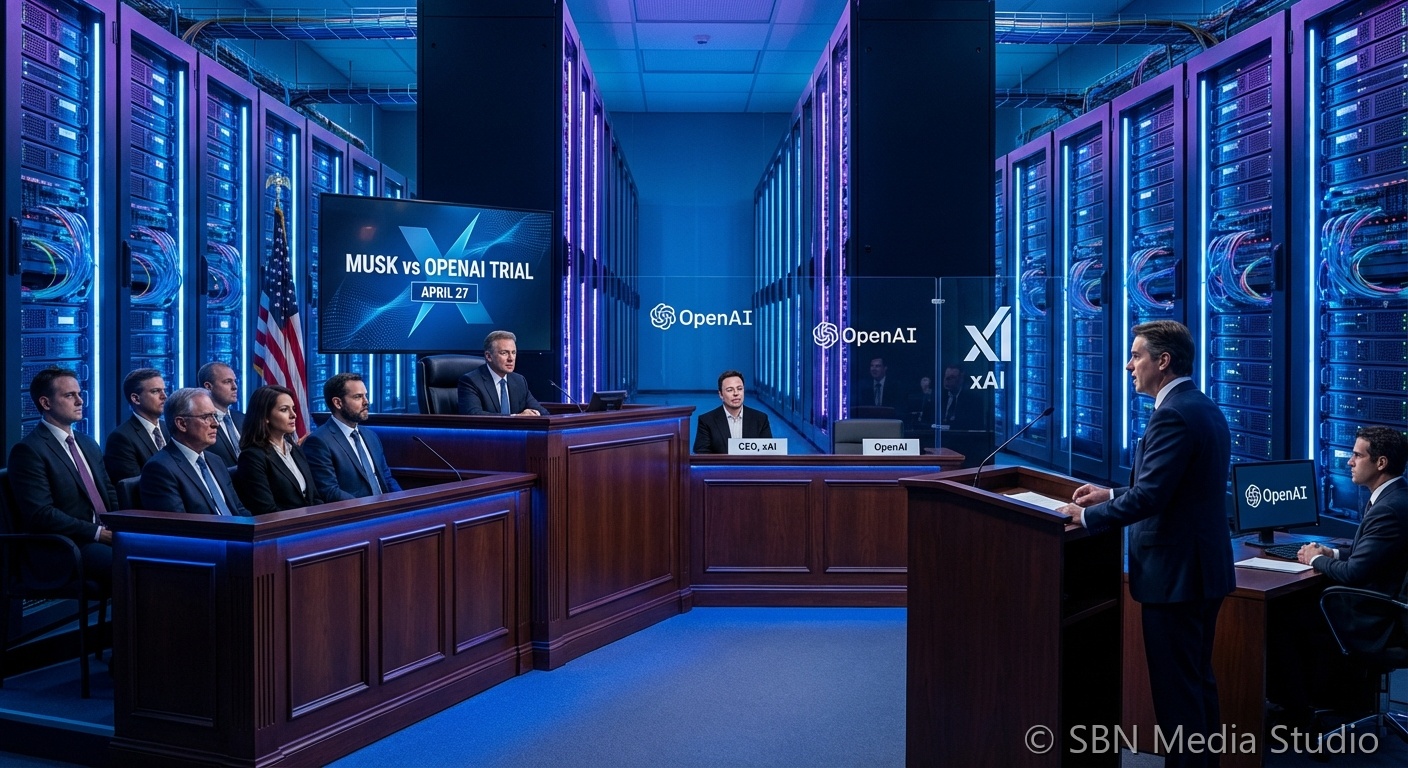 Elon Musk and Sam Altman silhouettes in a courtroom setting with OpenAI logo representing the high-stakes lawsuit over CEO removal and company control