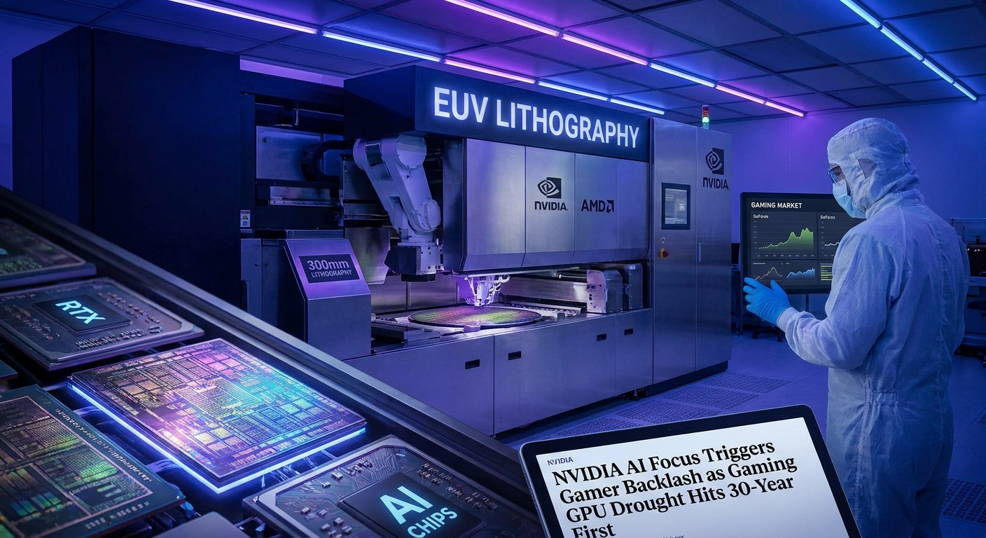 NVIDIA GeForce gaming GPU lineup with frustrated gamer silhouette and AI data center rack illustrating the 30-year first gap in consumer gaming GPU releases