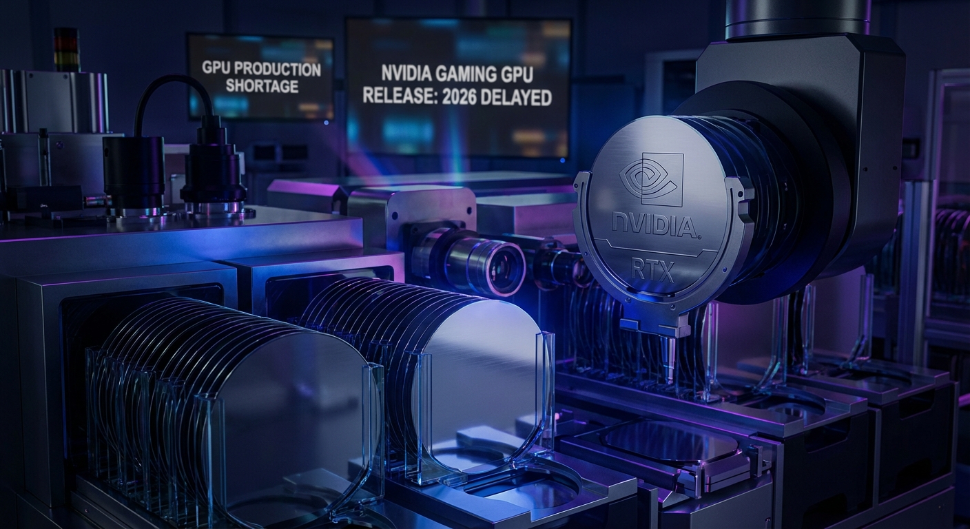 NVIDIA GeForce GPU chip with a crossed-out 2026 calendar graphic symbolizing the first year in 30 years without a new gaming GPU launch