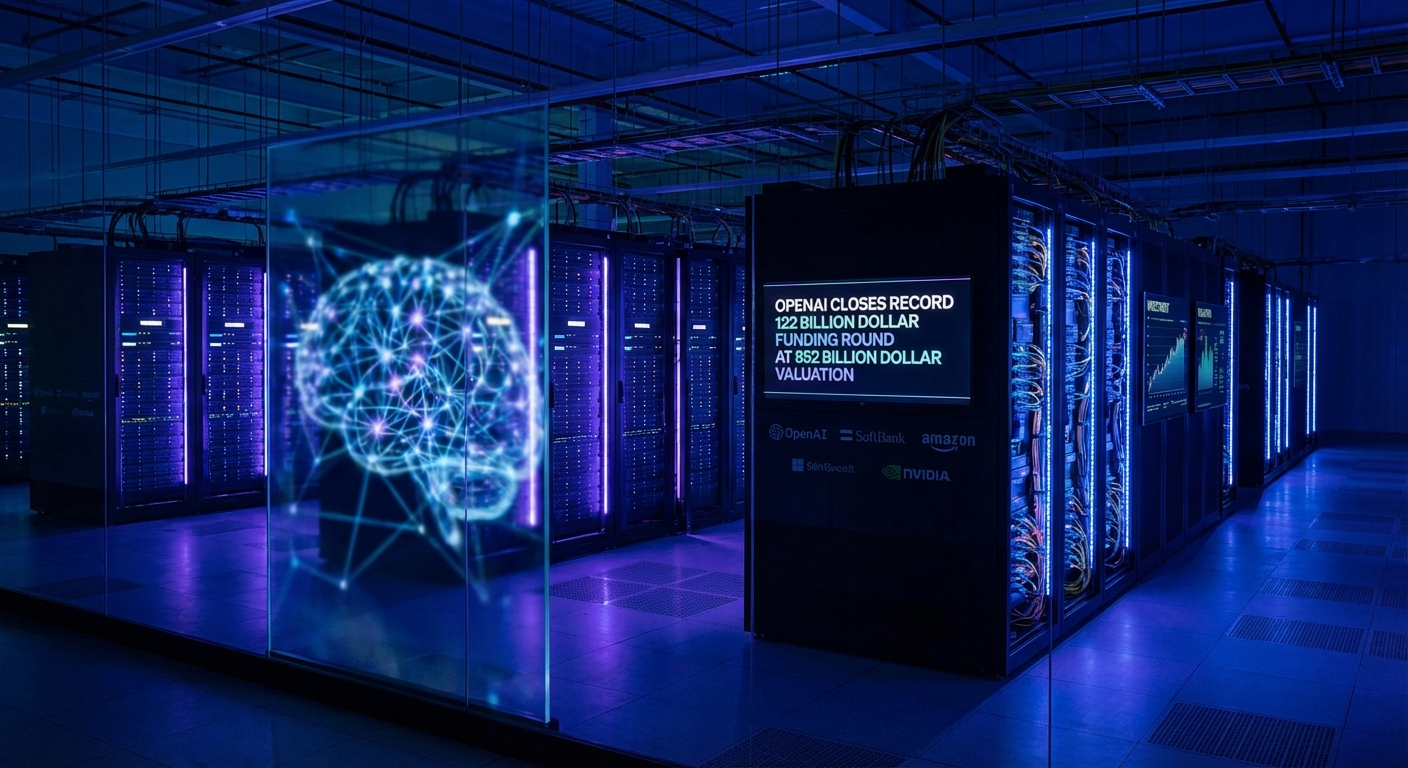 OpenAI logo with $852 billion valuation graphic and investors SoftBank Amazon NVIDIA surrounding funding announcement