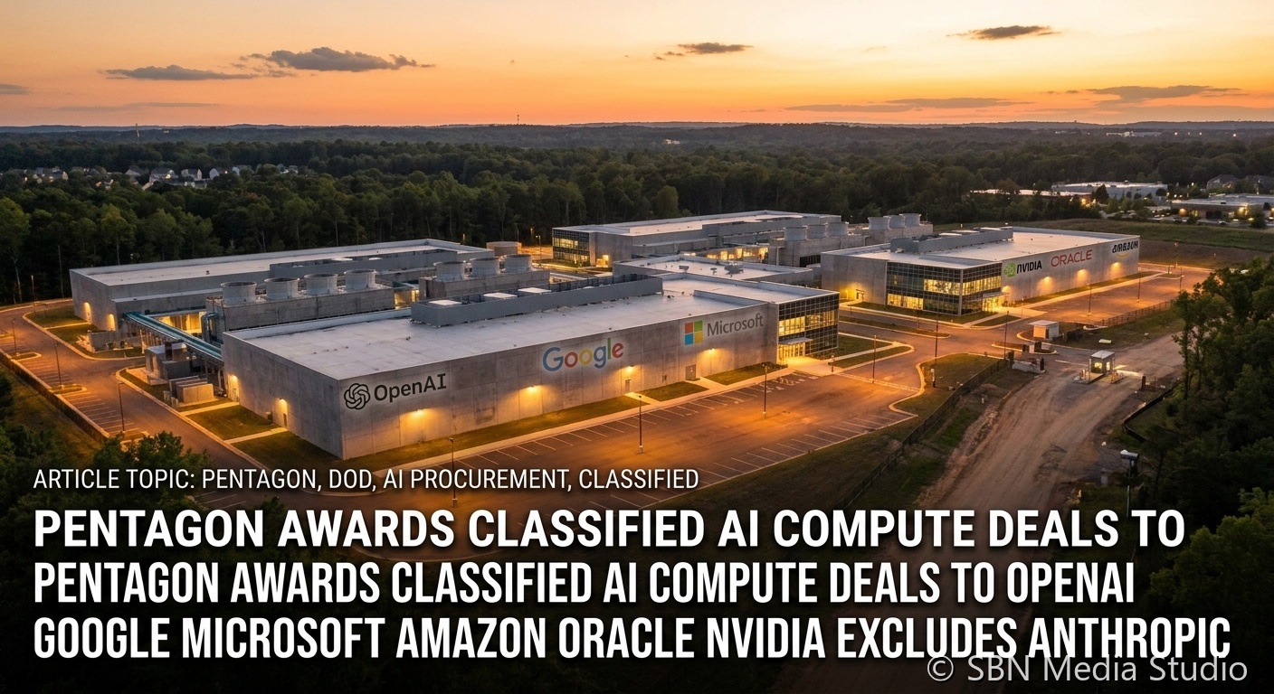 Pentagon building exterior with multiple cloud provider and AI lab logos representing the May 1 2026 classified Department of Defense AI compute contracts awarded to OpenAI Google Microsoft Amazon Oracle NVIDIA SpaceX and Reflection AI while Anthropic is excluded