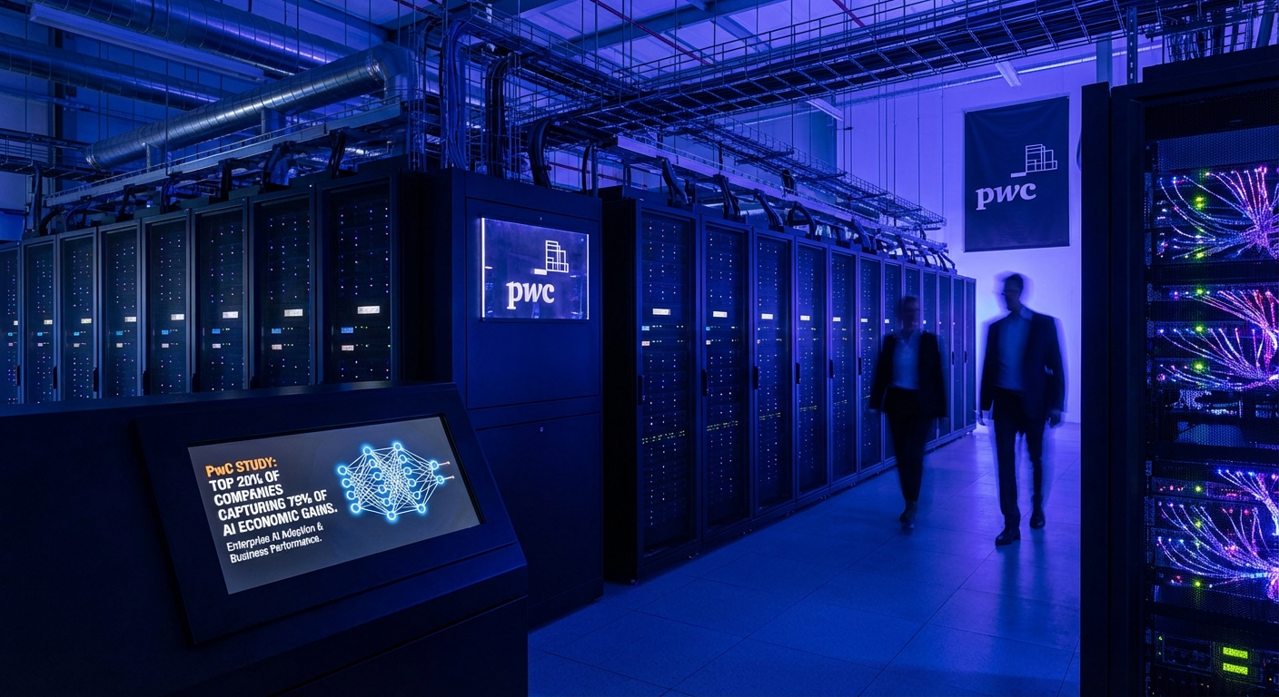 Business performance bar chart with AI neural network overlay showing widening gap between AI leaders and laggards in corporate revenue growth