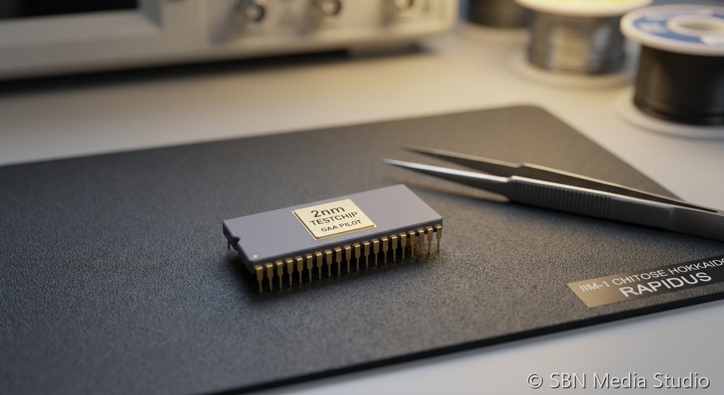 Rapidus IIM-1 Chitose Hokkaido fab with a 2nm gate-all-around test wafer and Canon plus Synopsys logos marking the May 27 2026 first-customer milestone