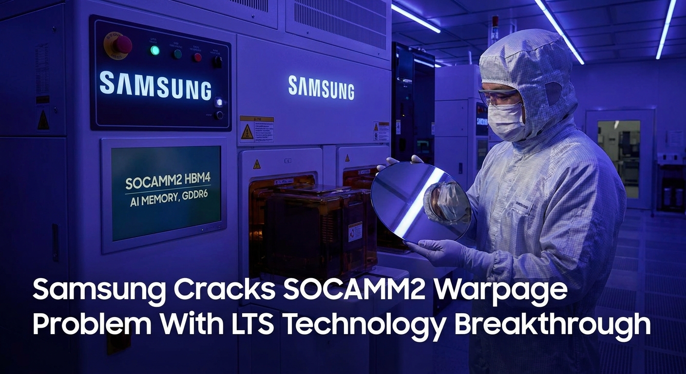 Samsung SOCAMM2 next-generation AI server memory module with low-temperature solder bonding diagram and Tesla Dojo supercomputer data center concept