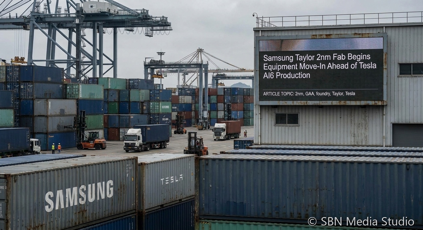 Samsung Taylor Texas 2nm GAA foundry exterior with installed lithography tooling and a Tesla AI6 chip rendering marking the first U.S.-made Tesla autonomous-driving silicon
