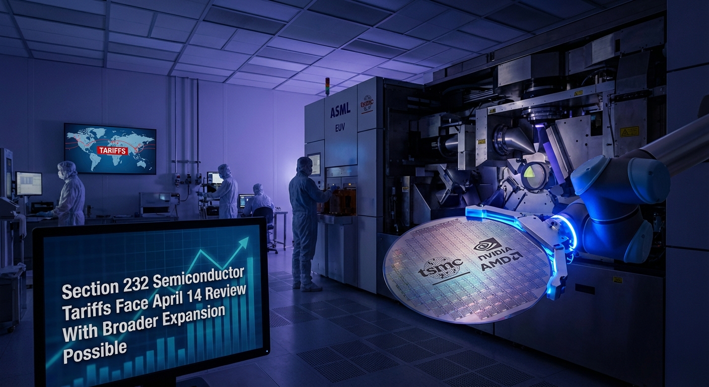 US Capitol building with semiconductor chip tariff documents and calendar marking April 14 deadline for Section 232 review