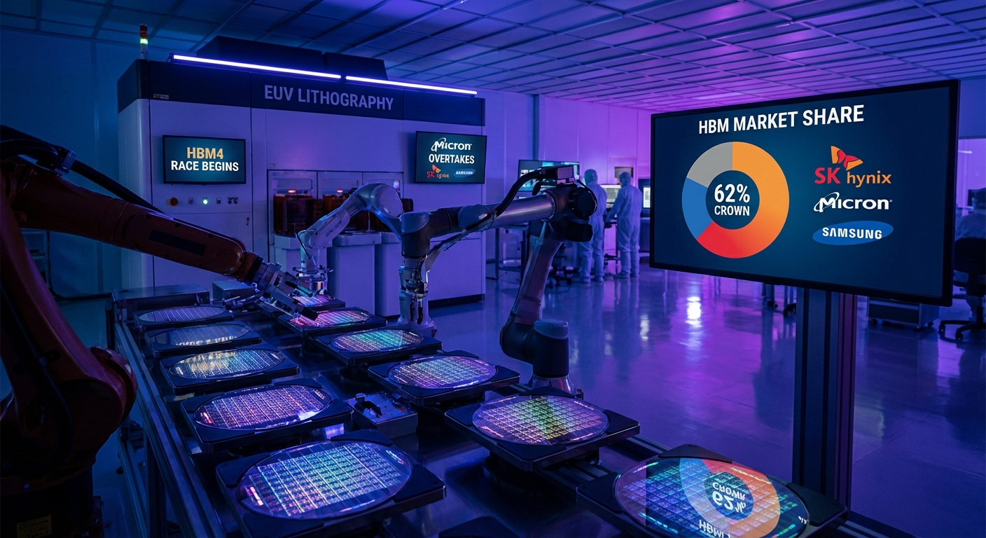 SK Hynix HBM4 memory module with market share chart showing Micron overtaking Samsung
