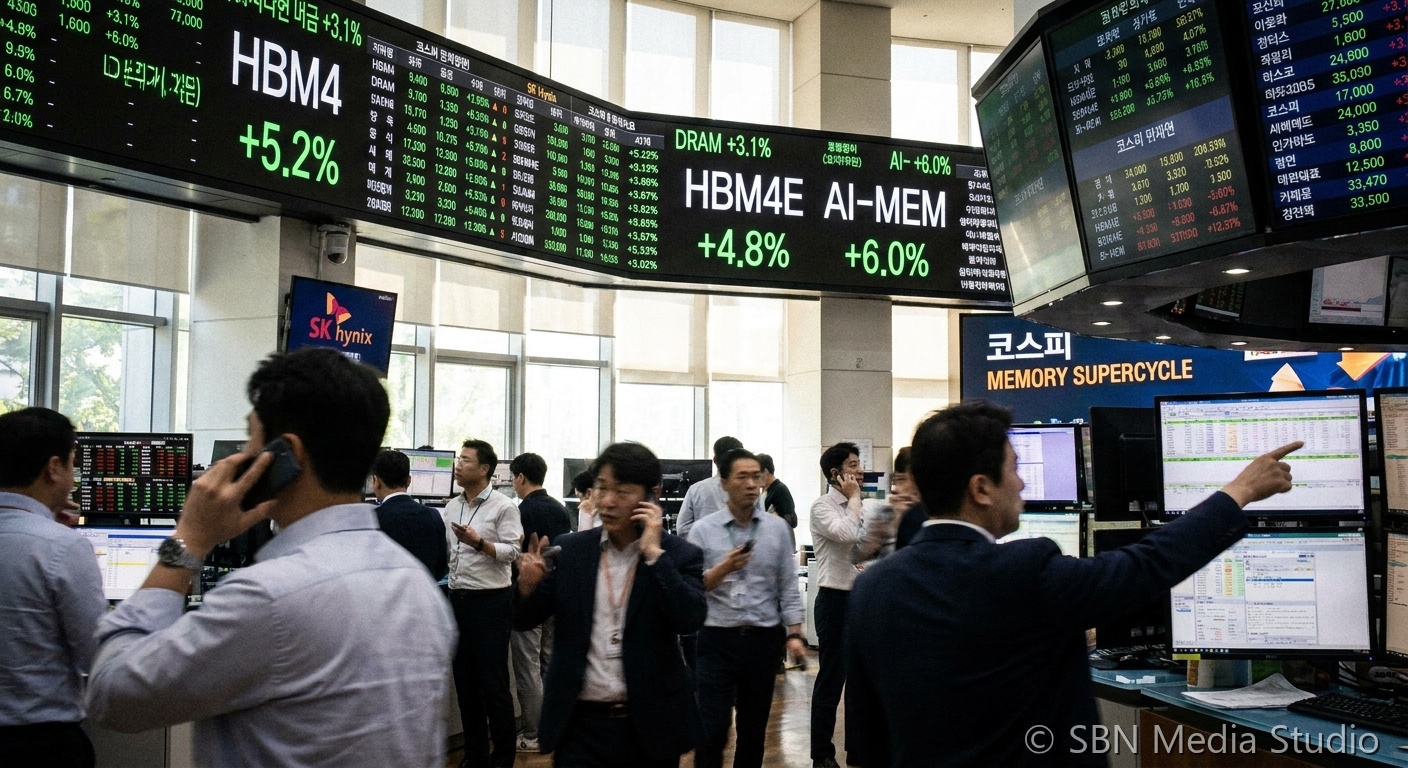 SK Hynix HBM4E stack beside a soaring Seoul share-price chart and Microsoft Google Amazon hyperscaler logos marking the May 27 2026 Asia-third-largest-company milestone