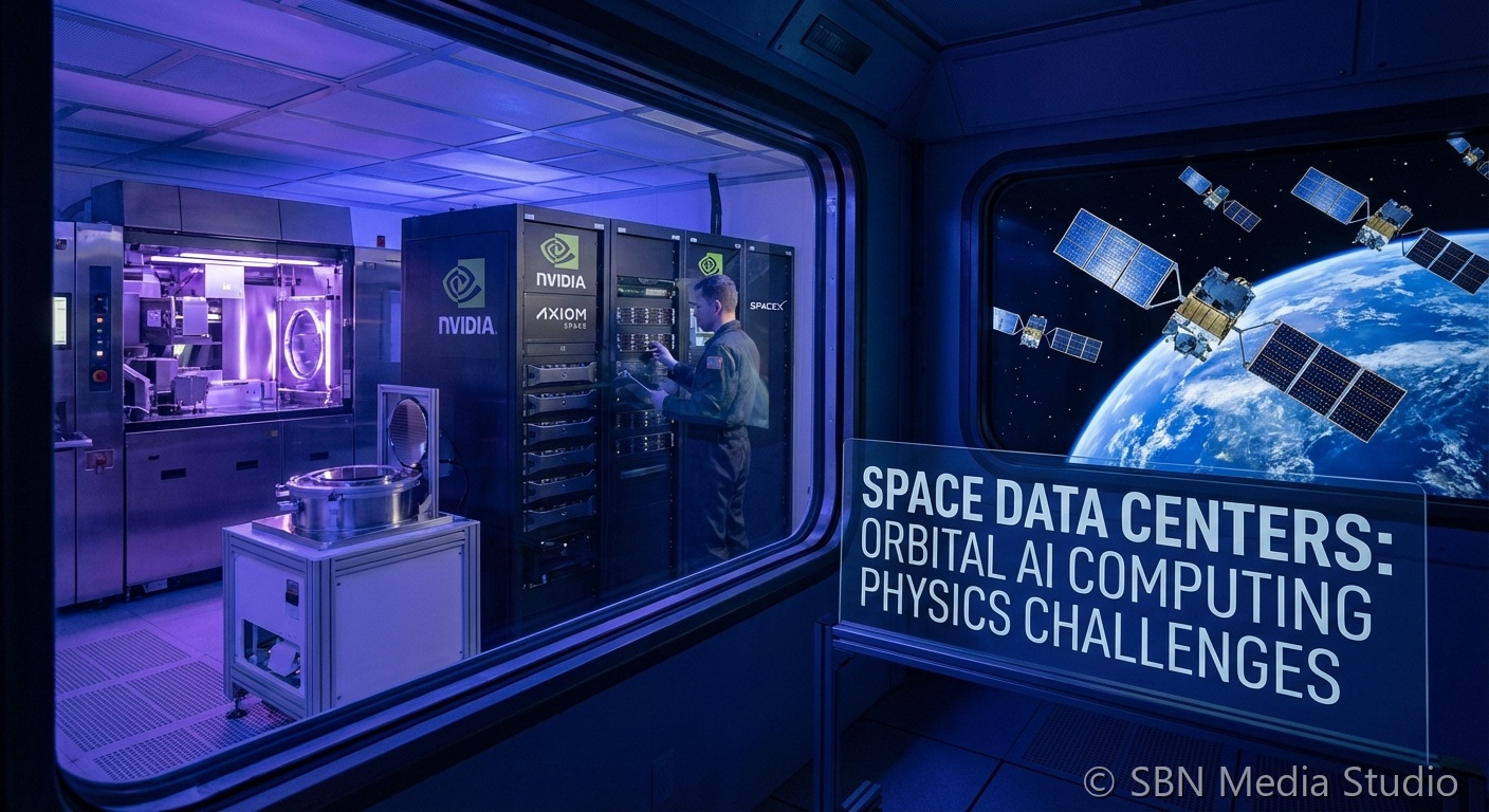 Orbital data center satellite constellation with massive solar arrays and AI compute modules in low Earth orbit above Earth