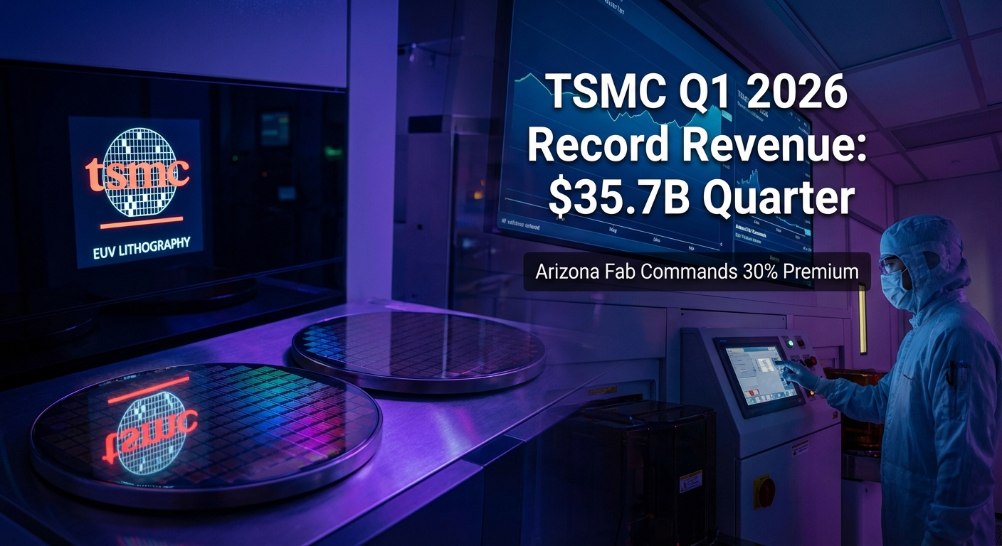 TSMC semiconductor wafer fab with Arizona landscape and revenue chart showing record NT$1 trillion quarterly milestone