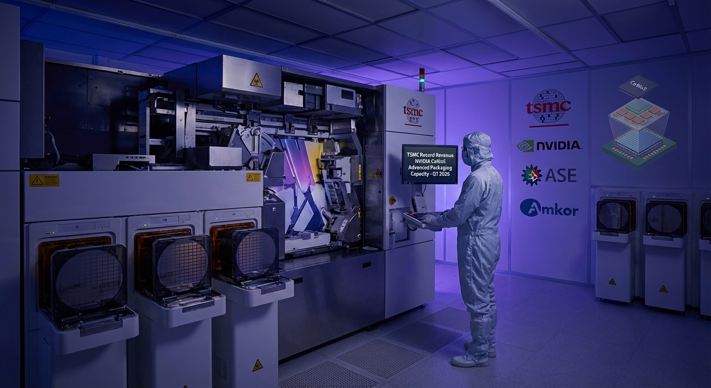 TSMC wafer fabrication cleanroom with NVIDIA Blackwell GPU chip packaging diagram illustrating CoWoS advanced packaging capacity shortage