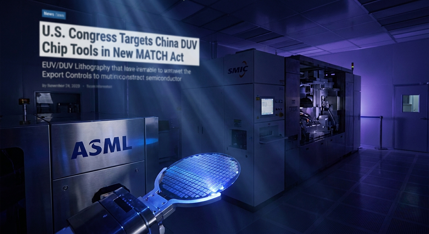 U.S. Capitol building with ASML DUV lithography machine and China semiconductor fab concept representing the MATCH Act bipartisan chip export control legislation